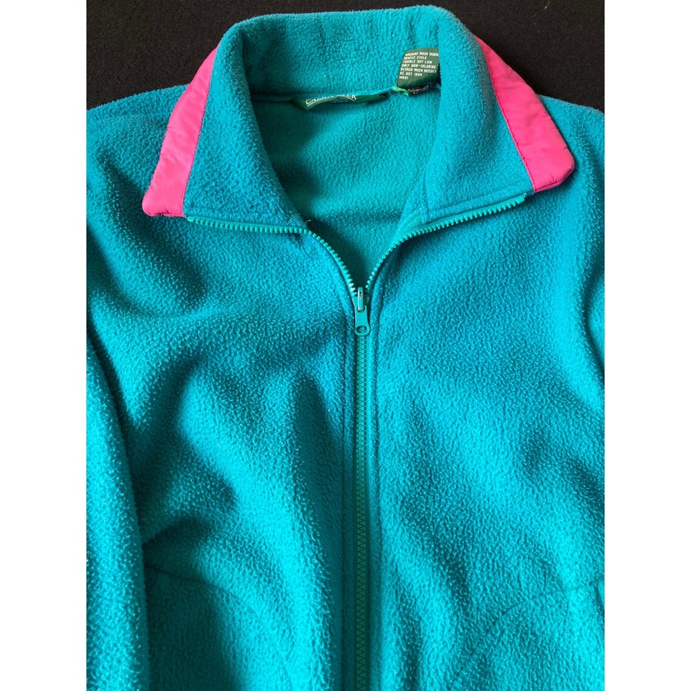 Vintage Cabin Creek Womens Teal Pink Full Zip Fleece Jacket Mock Neck Size M 90s